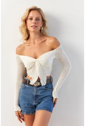 Kadın Ekru Büzgülü File Bluz OW146