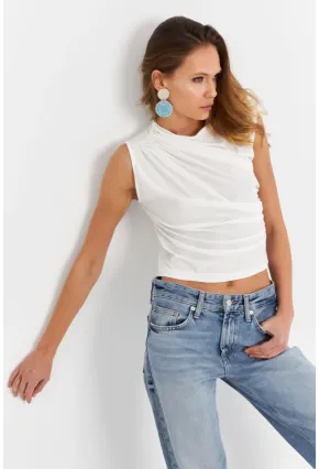 Kadın Ekru Büzgülü Kolsuz Bluz LPP1205-90