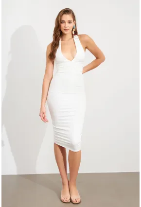 Kadın Ekru Büzgülü Mini Elbise DCF033-90