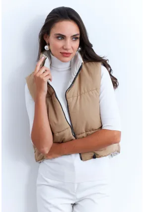 Kadın Ekru-Camel Çift Taraflı Şişme Kısa Yelek MX12