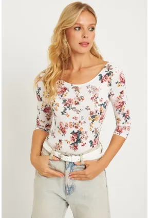 Kadın Ekru Çiçek Desenli Çıtçıtlı Body RK40