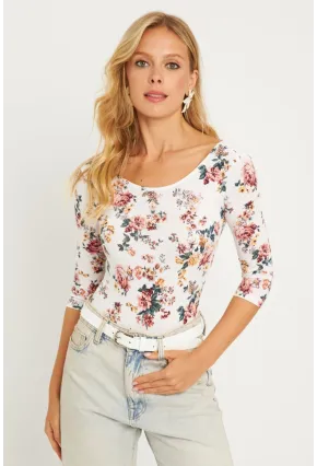 Kadın Ekru Çiçek Desenli Çıtçıtlı Body RK40