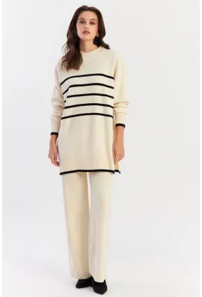 Kadın Ekru Çizgili Alt Üst Triko Takım NUV1069