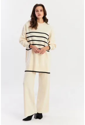 Kadın Ekru Çizgili Alt Üst Triko Takım NUV1069