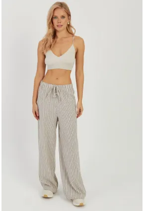 Kadın Ekru Çizgili Keten Pantolon Q986