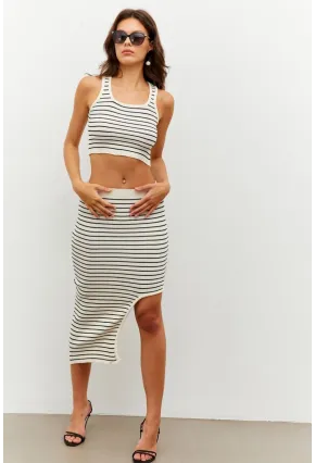 Kadın Ekru Çizgili Yırtmaçlı Alt Üst Takım KZ2468