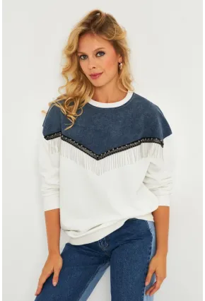 Kadın Ekru Denim Bloklu Sweatshirt PKA808