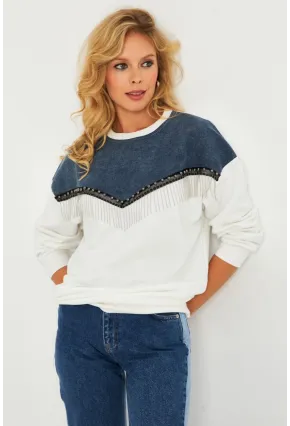 Kadın Ekru Denim Bloklu Sweatshirt PKA808