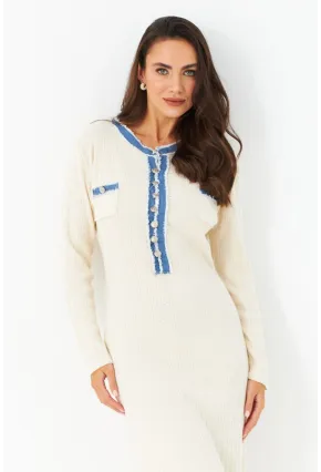 Kadın Ekru Denim Detaylı Maxi Elbise MQAS200