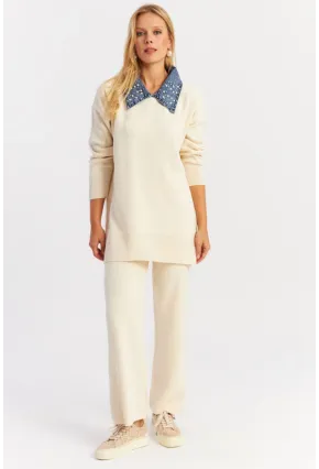 Kadın Ekru Denim Yakalı İncili Alt Üst Triko Takım NUV22