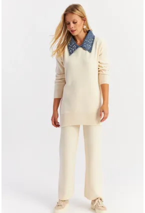 Kadın Ekru Denim Yakalı İncili Alt Üst Triko Takım NUV22