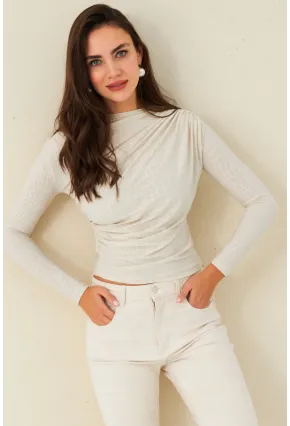 Kadın Ekru Desenli Büzgülü Bluz LPP1279