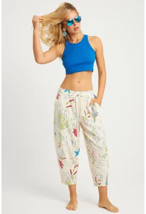 Kadın Ekru Desenli Keten Şalvar Pantolon K1253