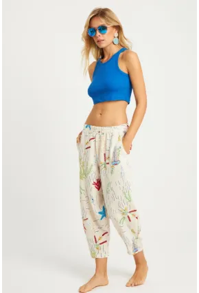 Kadın Ekru Desenli Keten Şalvar Pantolon K1253