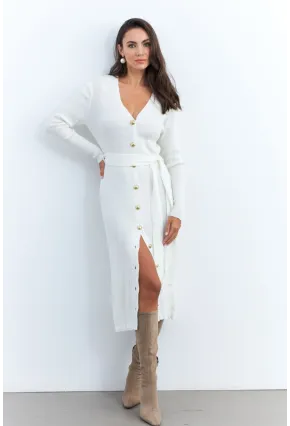 Kadın Ekru Düğme Detaylı Kuşaklı Midi Elbise MŞ1