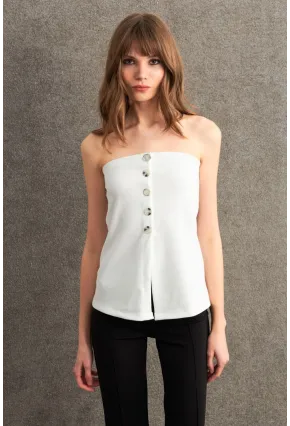 Kadın Ekru Düğme Detaylı Straplez Bluz CY355