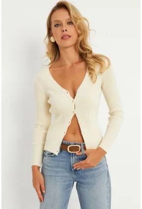 Kadın Ekru Düğmeli Triko Hırka YV94