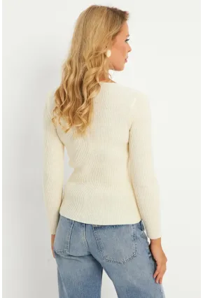 Kadın Ekru Düğmeli Triko Hırka YV94