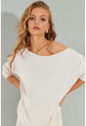 Kadın Ekru Düşük Omuz Triko Bluz YZ617