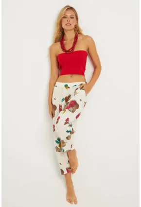 Kadın Ekru-Fuşya Desenli Keten Şalvar Pantolon K1253