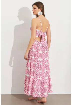 Kadın Ekru-Fuşya Sırt Dekolteli Desenli Maxi Elbise LİT110