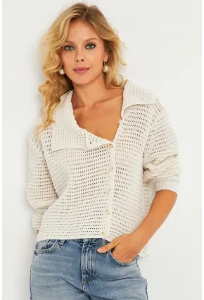 Kadın Ekru Geniş Yakalı Triko Hırka MİW4571