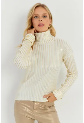 Kadın Ekru-Gold Düğme Detaylı Varaklı Triko Kazak SF2532