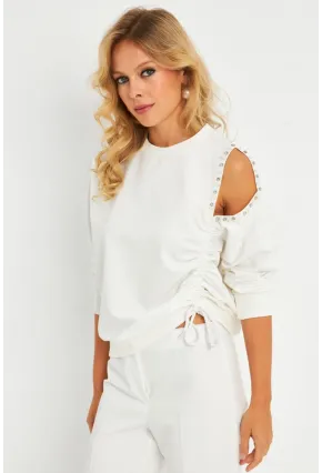 Kadın Ekru İnci Detaylı Büzgülü Sweatshirt RLO04
