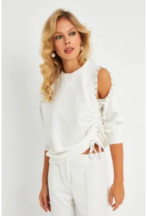 Kadın Ekru İnci Detaylı Büzgülü Sweatshirt RLO04