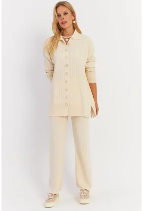 Kadın Ekru İnci Düğmeli Hırka Triko Alt Üst Takım MNUV26