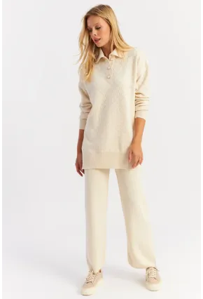 Kadın Ekru İnci Düğmeli Triko Alt Üst Takım NUV33