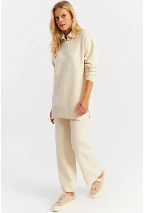 Kadın Ekru İnci Düğmeli Triko Alt Üst Takım NUV33