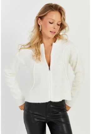 Kadın Ekru İncili Triko Hırka KED1203