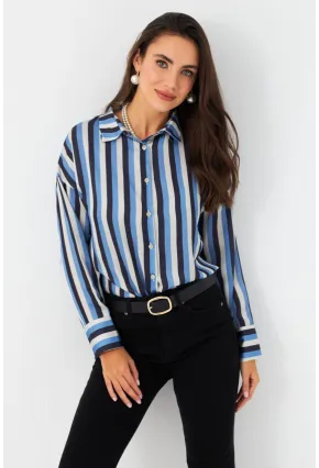 Kadın Ekru-İndigo Desenli Saten Gömlek MSHR500