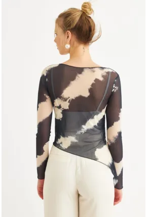 Kadın Ekru-İndigo Desenli Tül Bluz RSP1740