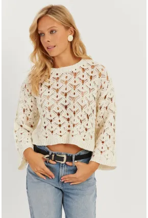 Kadın Ekru İspanyol Kol Ajurlu Triko Bluz MİW0761