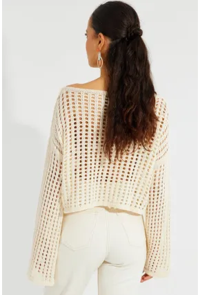 Kadın Ekru İspanyol Kol Ajurlu Triko Kısa Bluz SMT181