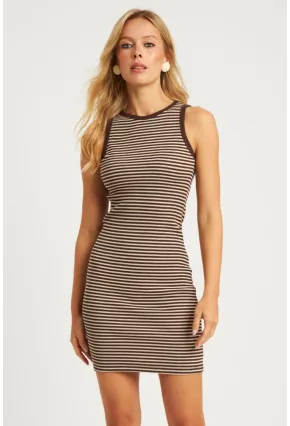 Kadın Ekru-Kahve Çizgili Mini Elbise XL2006