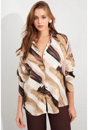 Kadın Ekru-Kahve Desenli Saten Gömlek MCAR1170