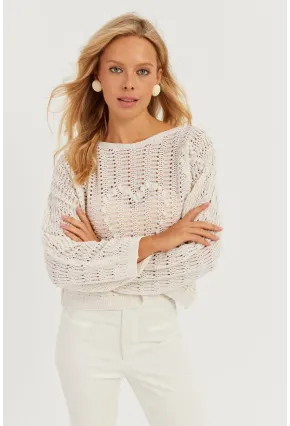 Kadın Ekru Kalpli Ajurlu Triko Bluz MİW3761