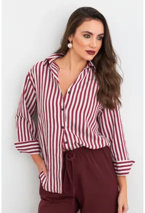 Kadın Ekru-Kiremit Çizgili Salaş Gömlek ELA6932