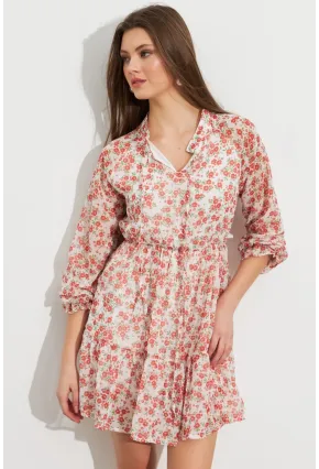 Kadın Ekru-Kırmızı Desenli Şifon Mini Elbise ROP107