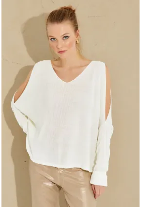Kadın Ekru Kolu Yırtmaçlı Triko Bluz SMT221