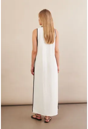 Kadın Ekru Kontrast Çizgili Maxi Keten Elbise MSİ101