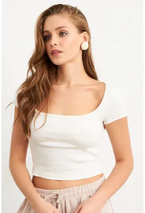 Kadın Ekru Kontrast Dikişli Bluz RX451