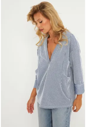 Kadın Ekru-Lacivert Çizgili Cepli Sweatshirt TF01