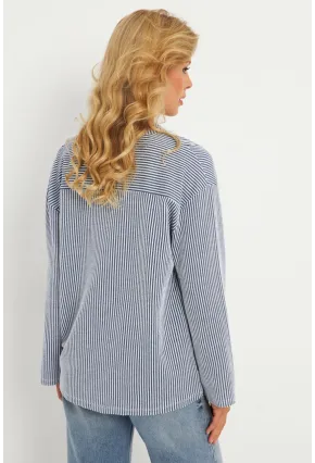 Kadın Ekru-Lacivert Çizgili Cepli Sweatshirt TF01