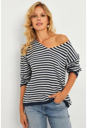 Kadın Ekru-Lacivert V Yaka Triko Salaş Bluz YV283