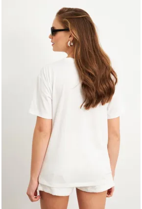 Kadın Ekru Leopar Baskılı T-Shirt FİR2137