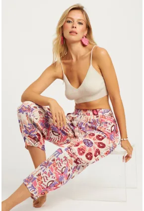 Kadın Ekru-Lila Desenli Keten Şalvar Pantolon K1253